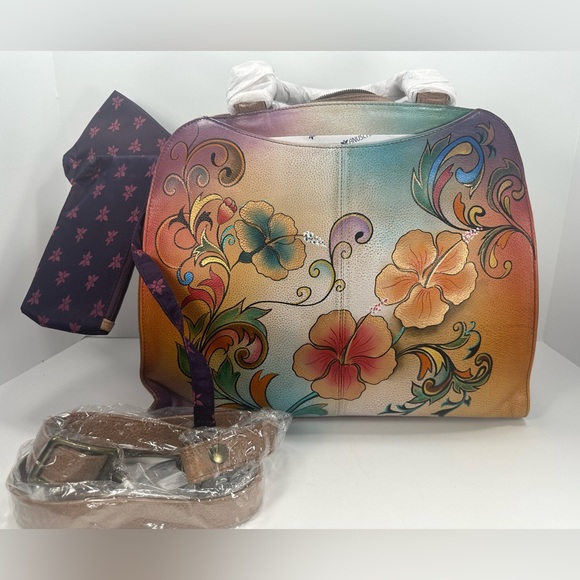 NEW - Anuschka Multi Compartment Hand Painted Leather Satchel - Henna Floral - Picture 4 of 14